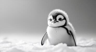 Adorable Monochrome Penguin Chick Standing in the Snow, Innocence and Purity photo