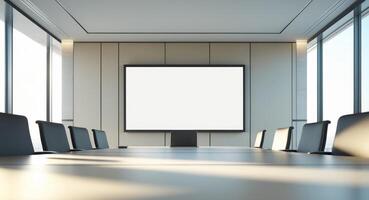 Modern Conference Room with Blank Screen, Table and Chairs, Ready for Presentation. photo