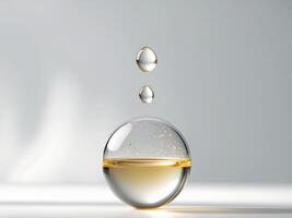 Golden Liquid Sphere with Two Suspended Droplets on Minimalist Gray Background. photo