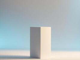 Minimalist Product Display Podium with Soft Light, White Box Stand on Blue Background. photo