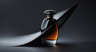 Luxurious dark perfume bottle on a dark background with a minimalist composition. photo