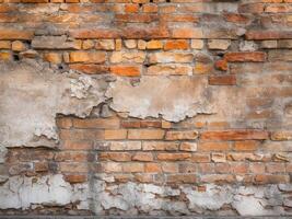 Old orange brick wall texture with damaged plaster and signs of aging, rustic background. photo