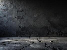 Dark Cracked Ground and Wall Background for Product Display or Abstract Concept. photo