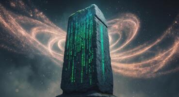 Ancient Monolith Engraved with Digital Code, Mysterious Cosmic Background and Glowing Effects. photo