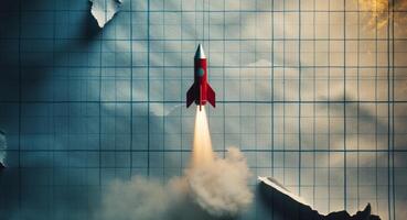 Red Rocket Launch on Graph Paper Background. A Symbol of Innovation and New Ventures. photo