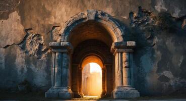 Ancient Stone Archway with Golden Light. Gateway to a Mystical, Historical Place. photo