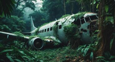 An old airplane is in the jungle photo