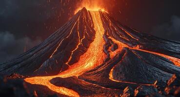 An image of a volcano with lava flowing out of it photo