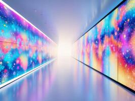 A long hallway with colorful walls and a bright light photo