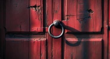 A close up of a red wooden door with a ring on it photo