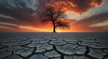 A tree stands alone in a dry landscape with a sunset in the background photo