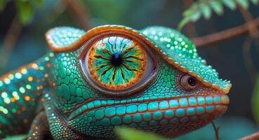 A close up of a chameleon with bright green eyes photo
