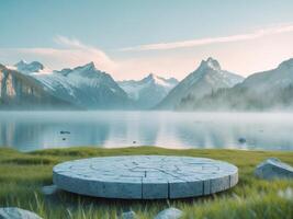 Scenic Mountain Lake Landscape with Stone Platform and Morning Mist, Peaceful Scene. photo