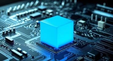 Modern Computer Technology, Circuit Board with Blue Cube, Data Center, Future Tech. photo