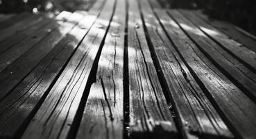 Monochrome Wooden Walkway. A Striking Black and White Perspective of Weathered Planks. photo