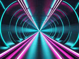 Neonlit Futuristic Tunnel with Circular Arches and Converging Pink and Cyan Lights. photo