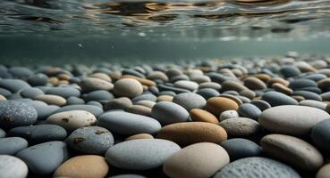 Underwater Riverbed Serenity. A Calm View of Smooth Pebbles and Rippling Water Surface. photo