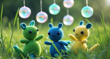 Three Knitted Mice in a Field with Hanging Decorative Bubbles, Soft and Playful. photo