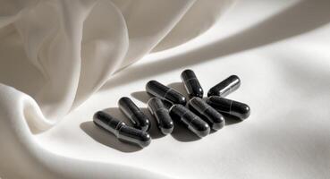 Activated Charcoal Capsules on White Fabric, a Natural Remedy for Detox and Digestion. photo