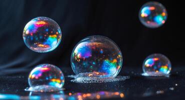 Iridescent Bubbles. A Macro Shot Showcasing the Mesmerizing Colors Within, on a Black Backdrop. photo