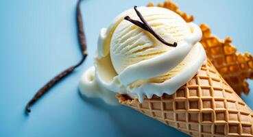 Vanilla Ice Cream Cone with Vanilla Bean on Blue Background, a Refreshing Treat. photo