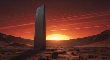 A large stone pillar in the middle of a desert photo