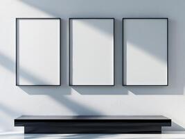 Three Frames on a White Wall with a Black Bench, Light and Shadow Composition. photo