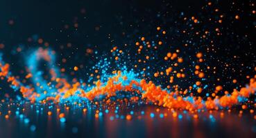 Abstract Flowing Particles in Dynamic Motion, Orange and Blue, Dark Background. photo