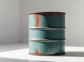 Rusty Metal Barrel with Light Blue Paint in a White Room, Abstract and Minimalistic. photo