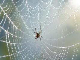 A spider sits on its web with dew drops photo
