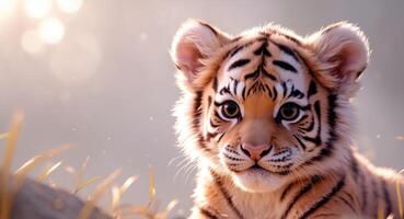 Portrait of an Adorable Tiger Cub with Expressive Eyes, Surrounded by Soft Lighting. photo
