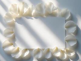 Minimalist White Rose Petals Frame with Blank Card and Sunlight, Elegant, Fresh. photo