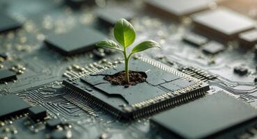 Sprout on a Microchip. A Symbol of Sustainable Technology and Environmental Growth photo