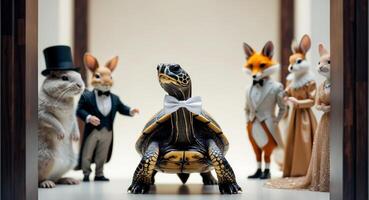 A turtle wearing a tuxedo and standing next to a group of animals photo
