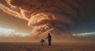 A man standing in front of a large cloud with a tree in the background photo