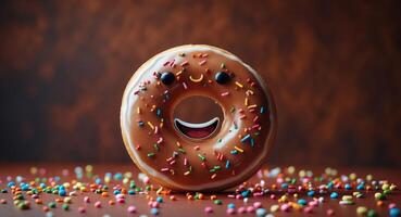 A donut with a smiley face is sitting on a table photo