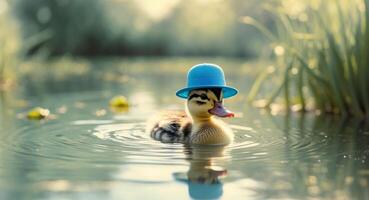 A duck wearing a hat in the water photo