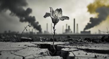 A single flower is standing in the middle of a crack in the ground photo
