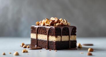 Decadent Chocolate Cake with Hazelnut Topping and Rich Chocolate Drizzle. photo