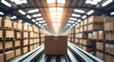 A box is sitting on a conveyor belt in a warehouse photo