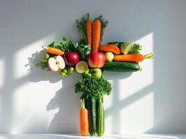 A CrossShaped Arrangement of Fresh Fruits and Vegetables on a White Background. photo