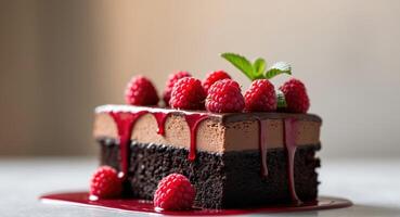 Delicious Chocolate Raspberry Cake with Chocolate Glaze and Mint Garnish, CloseUp photo