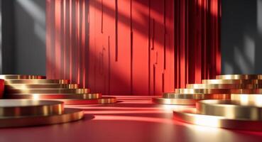 Golden Stage Platforms With Red Backdrop And Shadow Play, Ideal For Product Display. photo