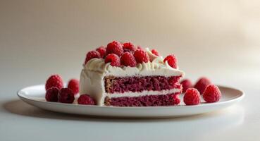 Delicious Raspberry Cake Slice with Cream Cheese Frosting, Presented on a White Plate. photo