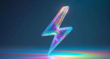 Holographic Lightning Bolt on Dark Background with Vibrant Reflections and Sparkles. photo