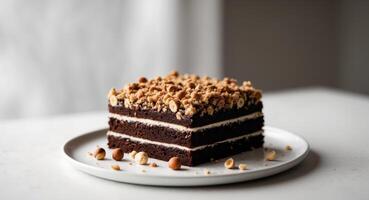 Delicious Chocolate Cake Slice with Cream Layers and Hazelnut Topping, CloseUp Shot photo