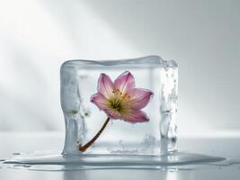 Frozen Beauty. Delicate Pink Flower Preserved in a Melting Ice Cube, Still Life. photo