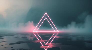 A neon triangle in the middle of a foggy night photo