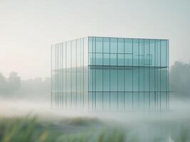 A glass building in the fog on a lake photo