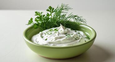 A bowl of sour cream with herbs on top photo